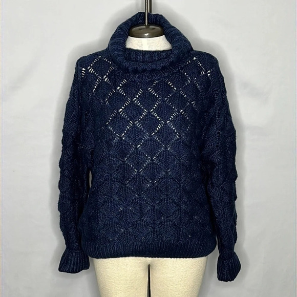 FRNCH Paris Blue Chunky Open Cable Knit Turtleneck Sweater - NEW - Size M/L - Picture 1 of 7